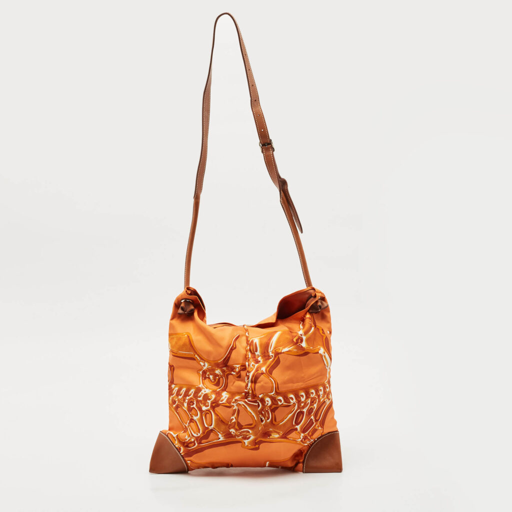 luxury-women-hermes-used-handbags-p1170239-006 Hermes Orange/Brown Satin and Leather Silky City 33 Bag