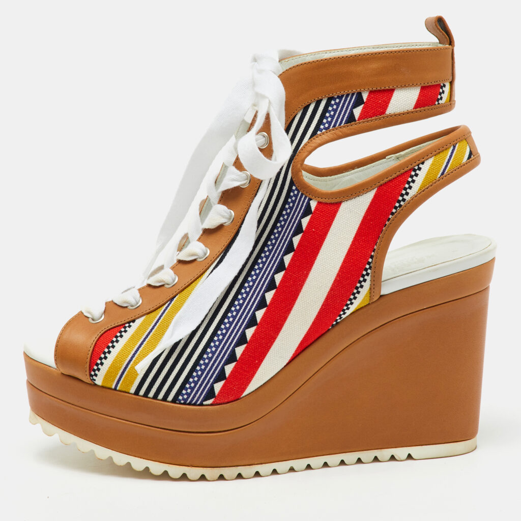 luxury-women-hermes-used-shoes-p1138487-006 Hermes Multicolor Canvas and Leather Tribal Lace Up Platform Wedge Sandals Size 38