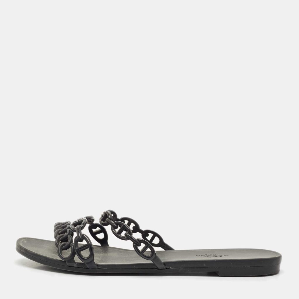 luxury-women-hermes-used-shoes-p1155165-003 Hermes Black Jelly Chaine d'Ancre Rivage Slide Flats Size 38