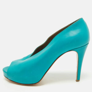 Hermes Blue Leather V-Neck Peep Toe Platform Pumps Size 38.5
