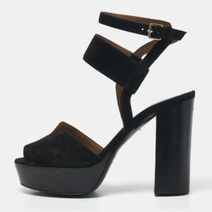Hermes Black Suede Ankle Strap Platform Sandals Size 38
