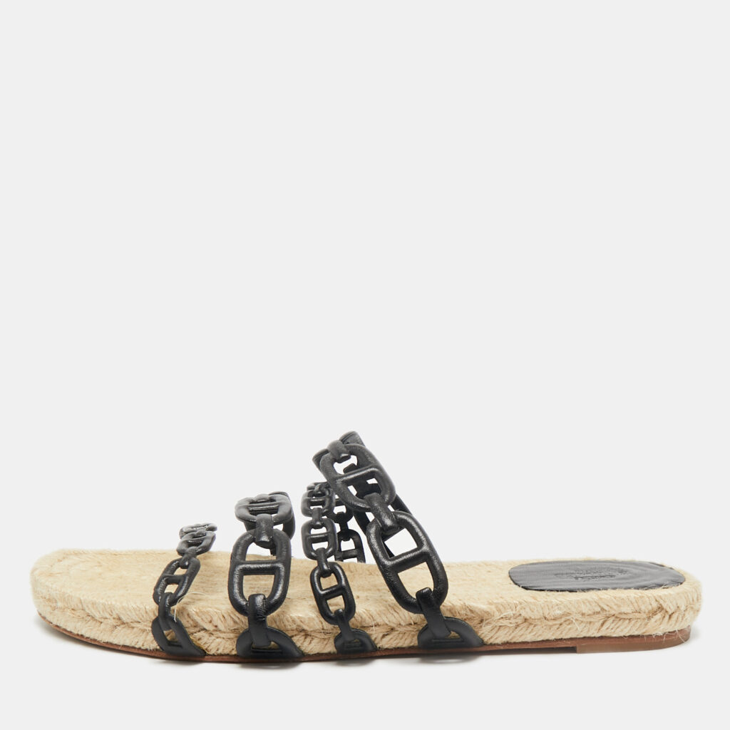luxury-women-hermes-used-shoes-p1161472-001 Hermes Black Leather Ancone Espadrille Flats Size 39