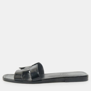 Hermes Black Patent Leather Oran Flat Slides Size 37.5