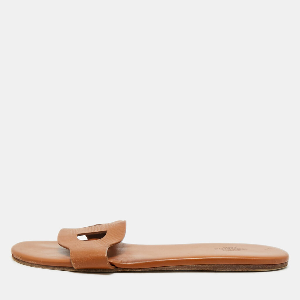 luxury-women-hermes-used-shoes-p1169426-001 Hermes Brown Leather Lisboa Flat Sandals Size 39