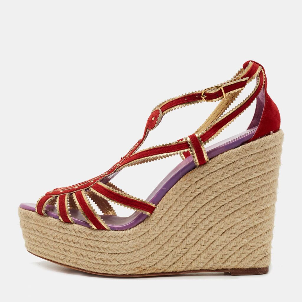 luxury-women-hermes-used-shoes-p766028-001 Hermes Red/Gold Suede and Leather Espadrille Wedge Sandals Size 41