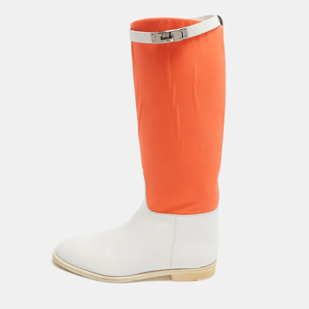 luxury-women-hermes-used-shoes-p949456-003 Hermes Neon Orange/White Neoprene and Leather Jumping Boots Size 39