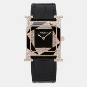 Hermes Black Diamond 18k Rose Gold Heure H W054597WW00 Quartz Women's Wristwatch 26 mm