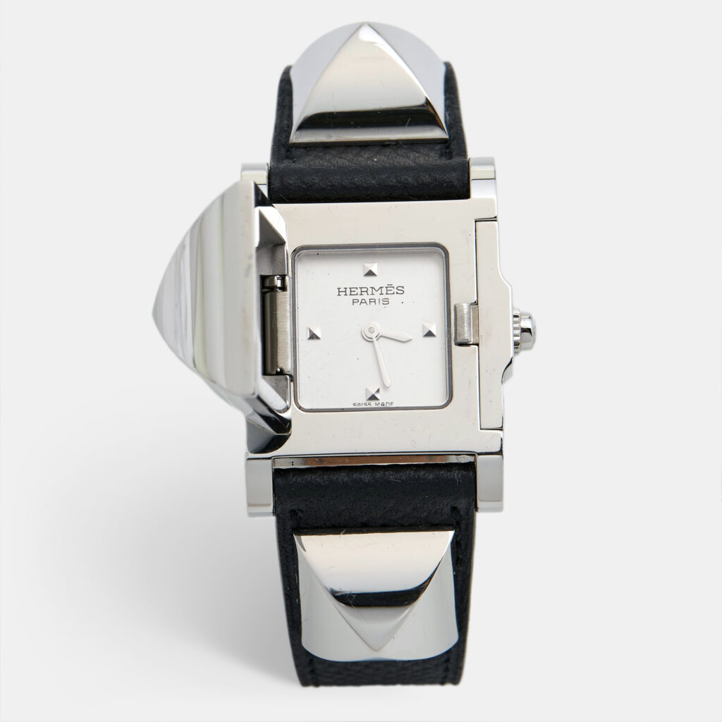 luxury-women-hermes-used-watches-p894952-007 Hermes Silver Stainless Steel Leather Medor W028322WW00 Women's Wristwatch 23 mm