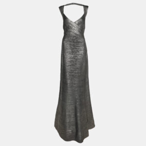 Herve Leger Dark Grey Woodgrain Foil Print Camilla Bandage Gown L