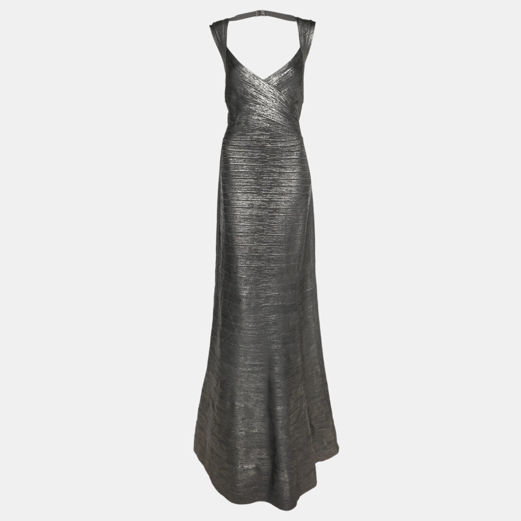 luxury-women-herve-leger-new-clothes-p1152579-002 Herve Leger Dark Grey Woodgrain Foil Print Camilla Bandage Gown L