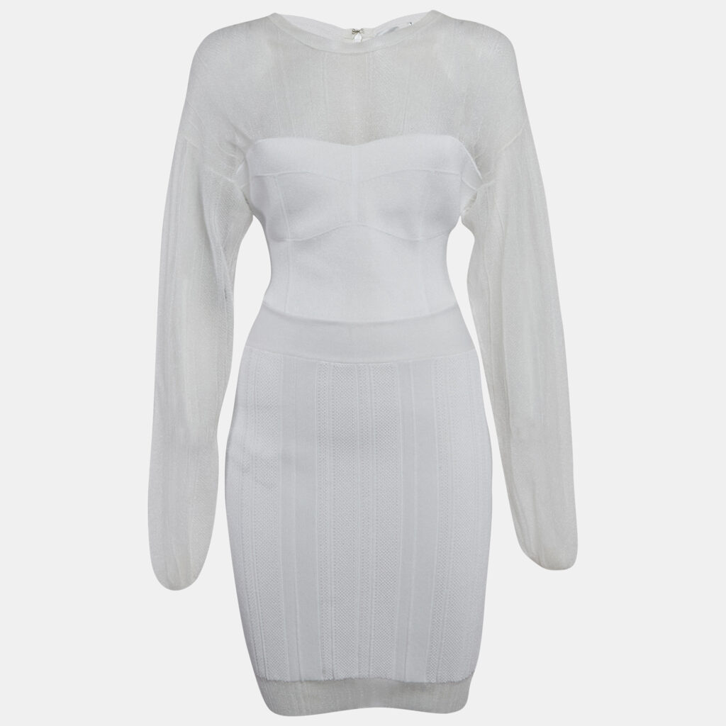 Herve Leger White Jersey Long Sleeve Mini Dress S