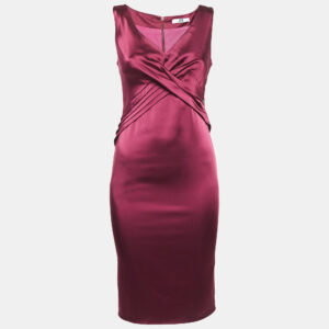 Ice Iceberg Dress Burgundy Stretch Satin Pleated Sheath Dress XS