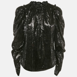 INGIE PARIS Black Sequin Crepe Ruffled Top S