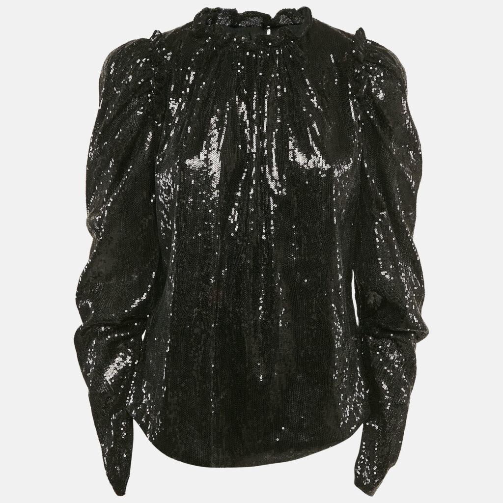 INGIE PARIS Black Sequin Crepe Ruffled Top S