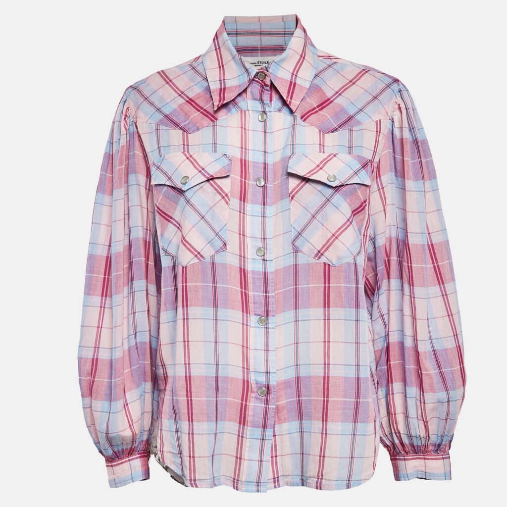 luxury-women-isabel-marant-etoile-used-clothes-p1045362-002 Isabel Marant Etoile Pink Plaid Cotton Puff Sleeve Bethany Shirt S
