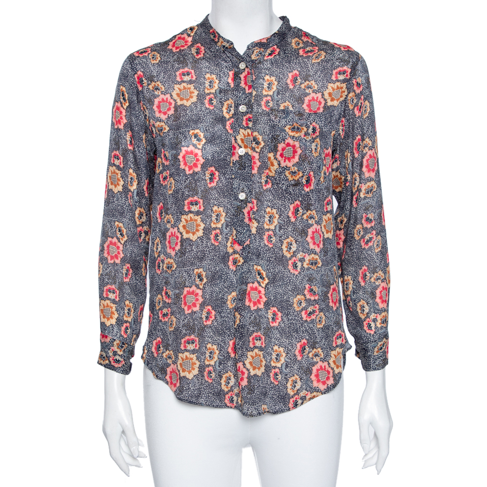 luxury-women-isabel-marant-etoile-used-clothes-p565715-001-1 Isabel Marant Etoile Grey Floral Printed Silk Button Front Shirt S