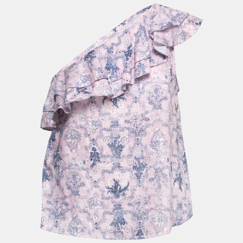 luxury-women-isabel-marant-etoile-used-clothes-p751555-001 Isabel Marant Etoile Pink Printed Linen One-Shoulder Ruffled Top L