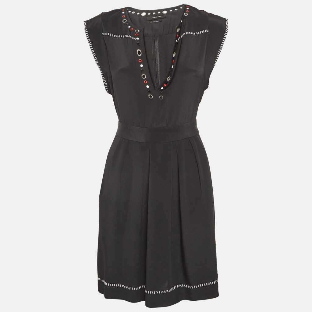 luxury-women-isabel-marant-used-clothes-p1043107-003 Isabel Marant Black Embellished Silk Tie-Up Waist Dress M
