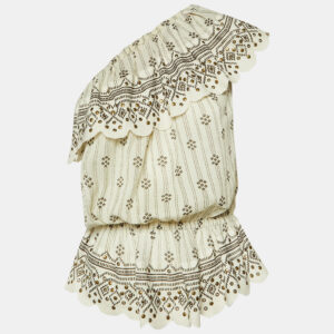 Isabel Marant Ivory Printed Cotton Studded One Shoulder Top M