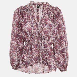 Isabel Marant Purple Printed Silk Ruffle Detail Top S