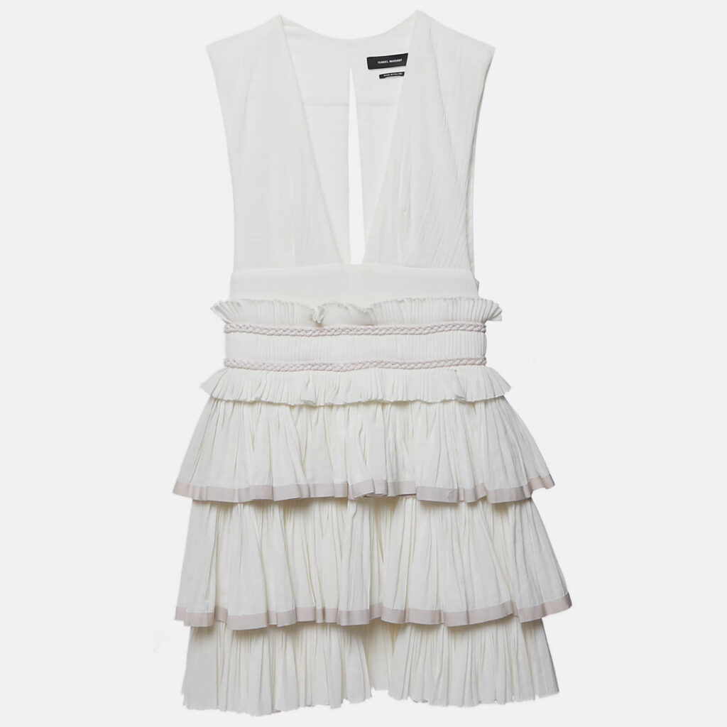 luxury-women-isabel-marant-used-clothes-p1124651-005 Isabel Marant White Cotton V-Neck Ruffled Glory Mini Dress XS