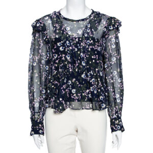 Isabel Marant Navy Blue Floral Printed Silk & Lurex Ruffle Trimmed Blouse S