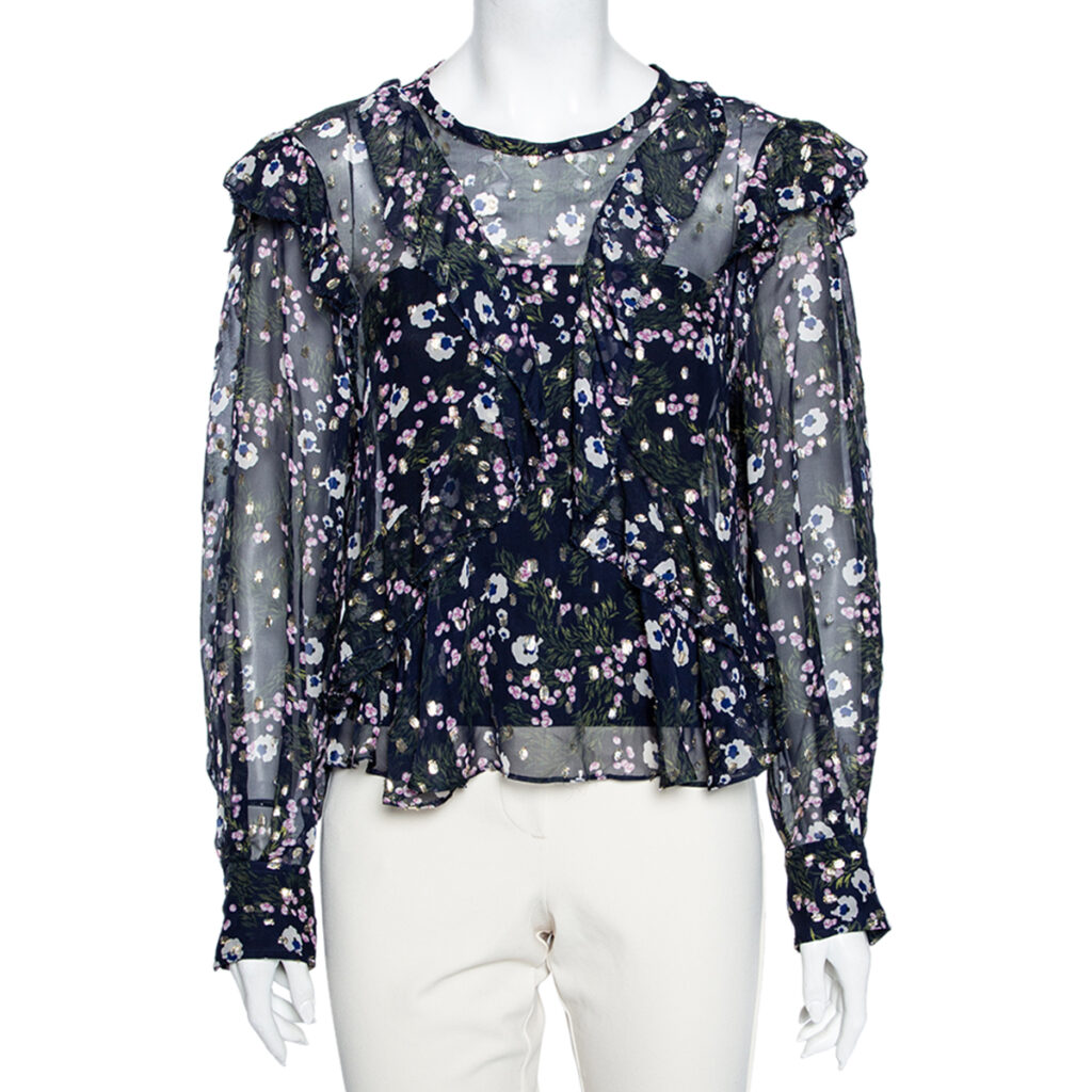 luxury-women-isabel-marant-used-clothes-p578932-007-2 Isabel Marant Navy Blue Floral Printed Silk & Lurex Ruffle Trimmed Blouse S