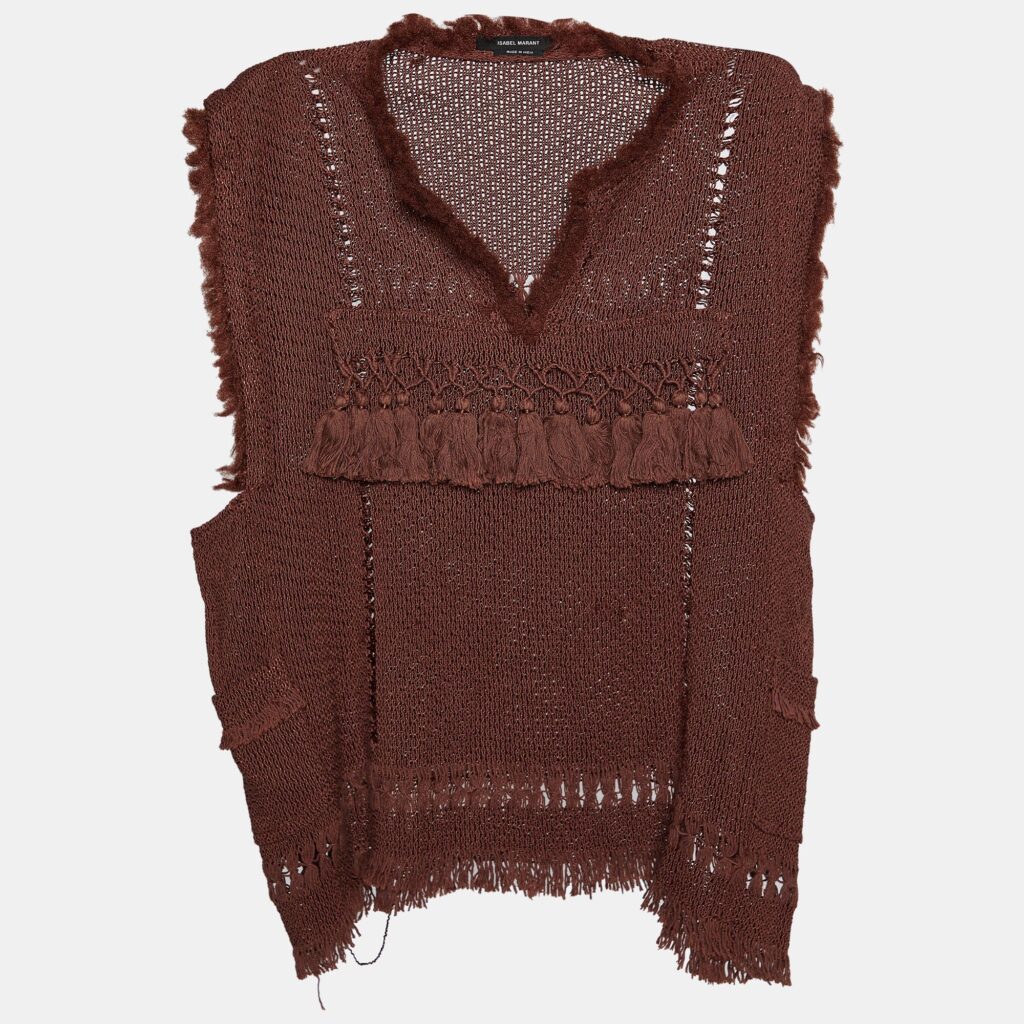 luxury-women-isabel-marant-used-clothes-p829035-005 Isabel Marant Brown Perforated Knit Sleeveless Fringe Tassel Detail Top M