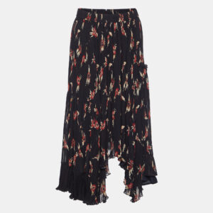 Isabel Marant Black Floral Print Crepe Pleated Midi Skirt S