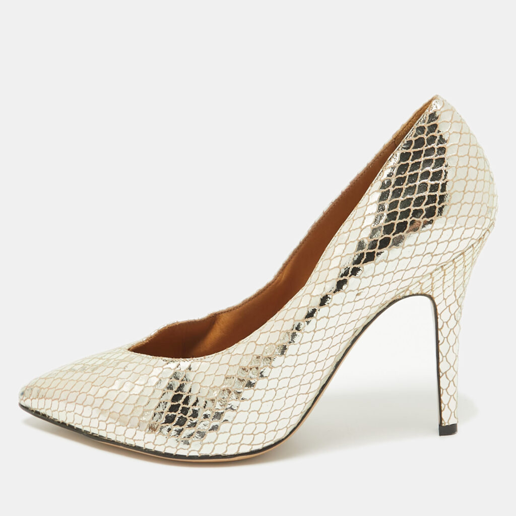 luxury-women-isabel-marant-used-shoes-p1041702-001 Isabel Marant Gold Snakeskin Embossed Patent Leather Pointed Toe Pumps Size 39
