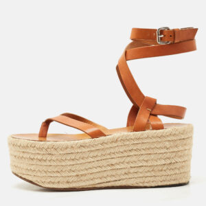 Isabel Marant Tan Leather Ankle Wrap Platform Espadrille Sandals Size 37