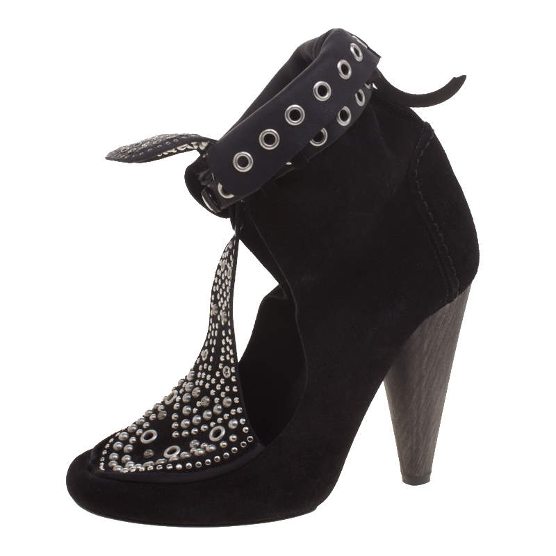 luxury-women-isabel-marant-used-shoes-p371455-007 Isabel Marant Black Suede Mossa Studded Cutout Ankle Boots Size 36
