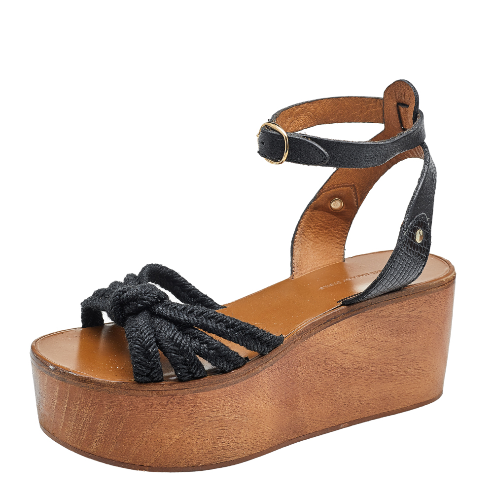 luxury-women-isabel-marant-used-shoes-p607888-007-2 Isabel Marant Black Jute And Leather Knotted Wedge Platform Ankle Strap Sandals Size 36