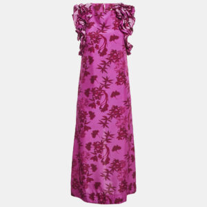 Isla & White Pink Floral Print Silk Ruffle-Sleeve Miray Dress XS