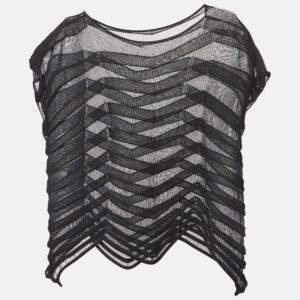 Issey Miyake Navy Blue Chevron Jelly Knit Sheer Top S