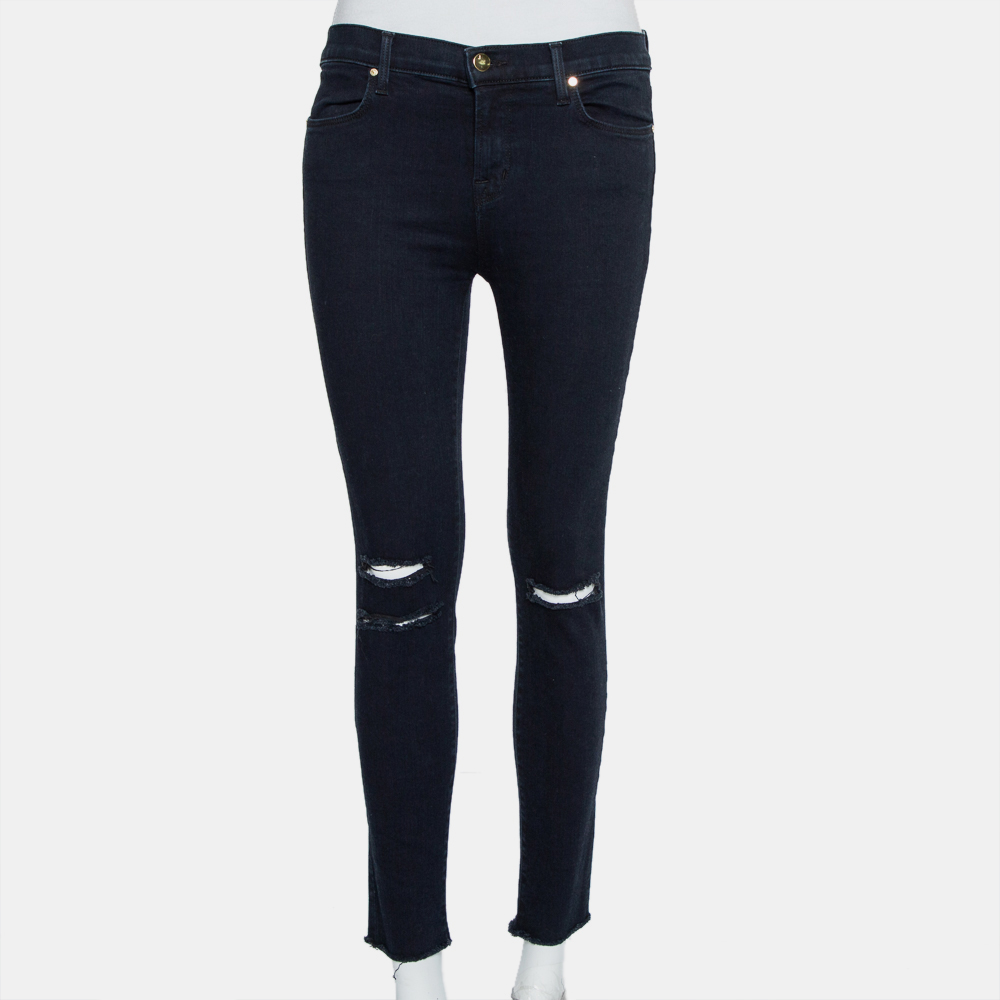 luxury-women-j-brand-used-clothes-p426544-009 J Brand Navy Blue Denim Cropped Skinny Distressed Blue Mercy Jeans M