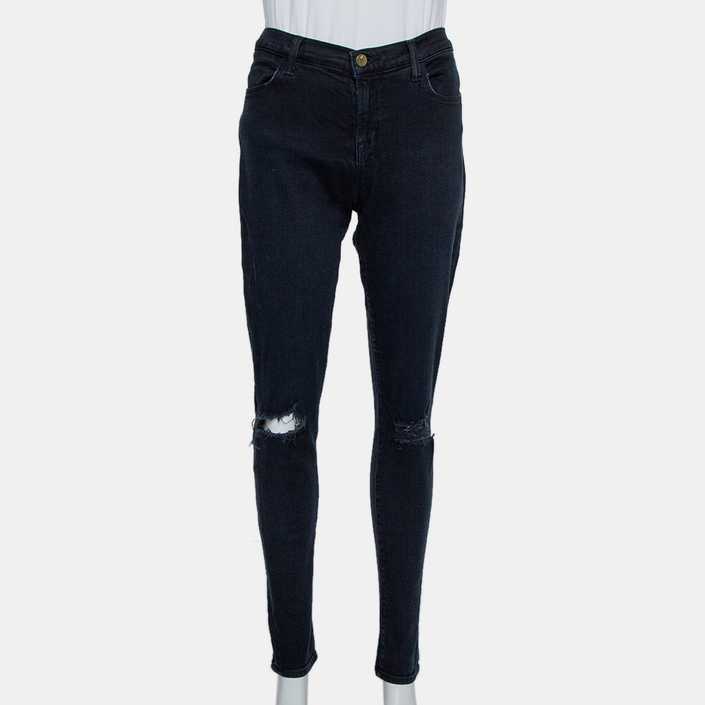luxury-women-j-brand-used-clothes-p430569-012 J Brand Navy Blue Denim Super Skinny Distressed Blackout Jeans M