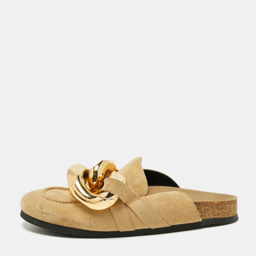 luxury-women-j-w-anderson-used-shoes-p673484-003-1 J.W.Anderson Beige Suede Chain Link Accents Flat Slide Sandals Size 39