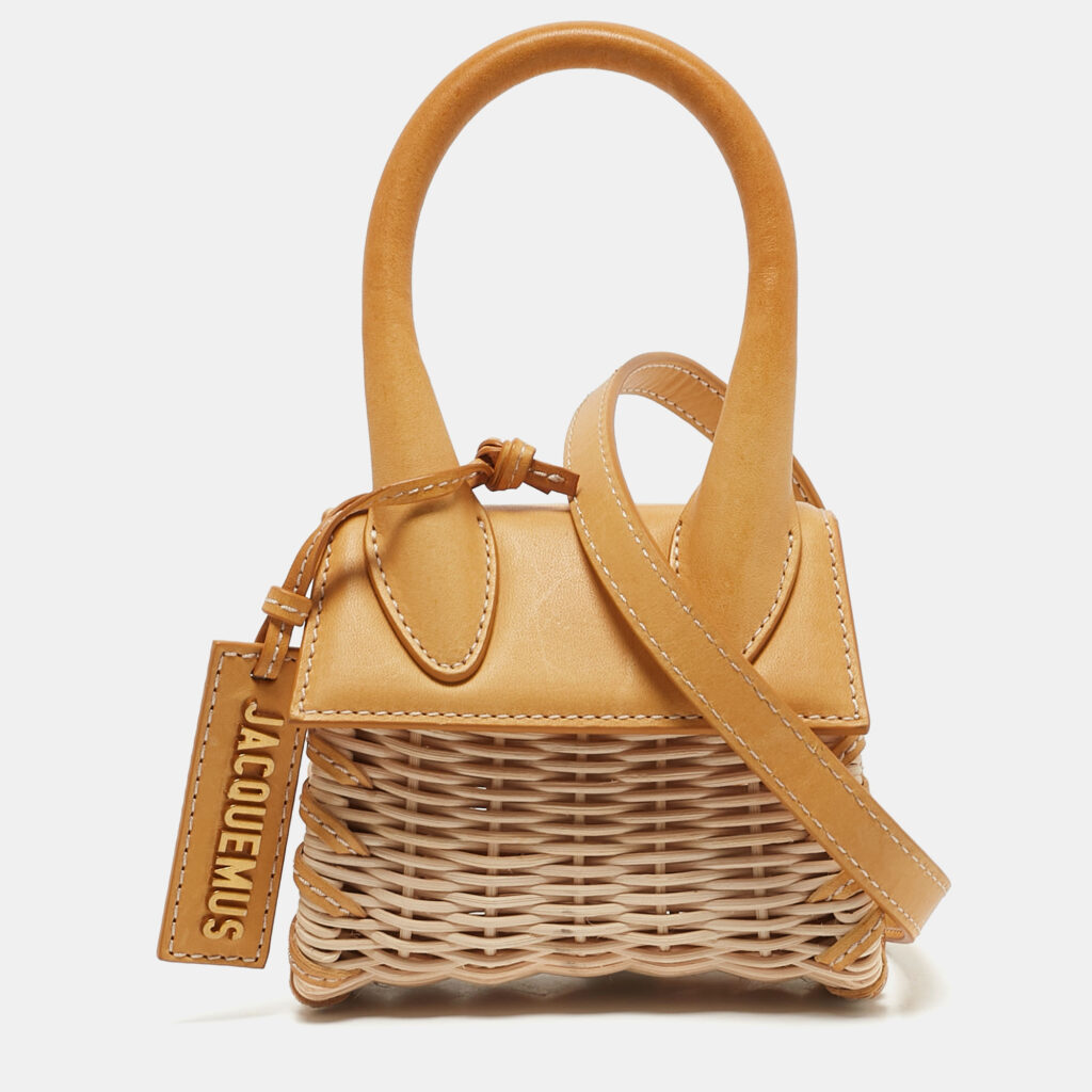luxury-women-jacquemus-used-handbags-p1152550-005 Jacquemus Mustard/Cream Rattan and Leather Mini Wicker Le Chiquito Top Handle Bag