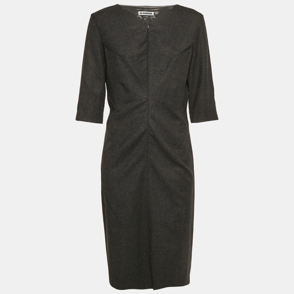 Jil Sander Grey Wool V-Neck Sheath Dress L