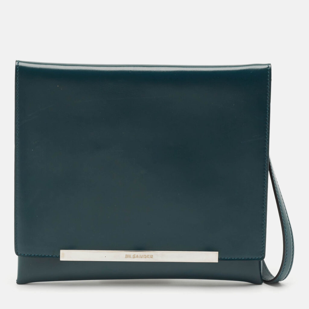 luxury-women-jil-sander-used-handbags-p1146254-012 Jil Sander Teal Green Leather Metal Flap Wristlet Clutch