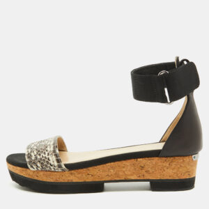 Jimmy Choo Black Snakeskin and Stretch Band Neat Ankle Strap Sandals Size 37.5