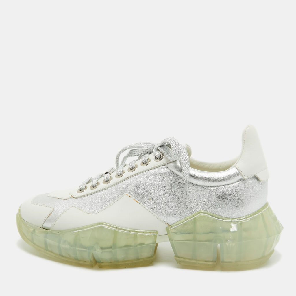 luxury-women-jimmy-choo-new-shoes-p917617-001 Jimmy Choo White/Silver Leather Diamond Low Top Sneakers Size 39.5