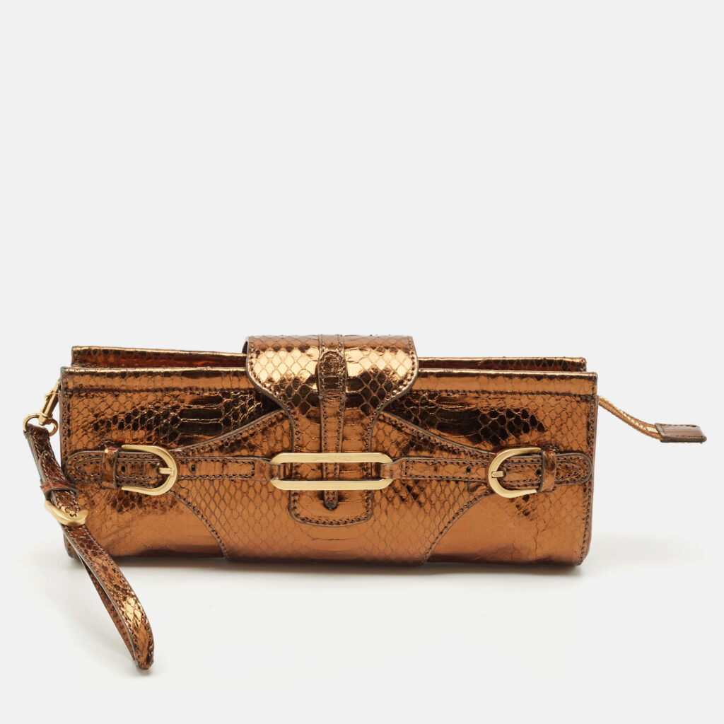 Jimmy Choo Bronze Python Tulita Wristlet Clutch