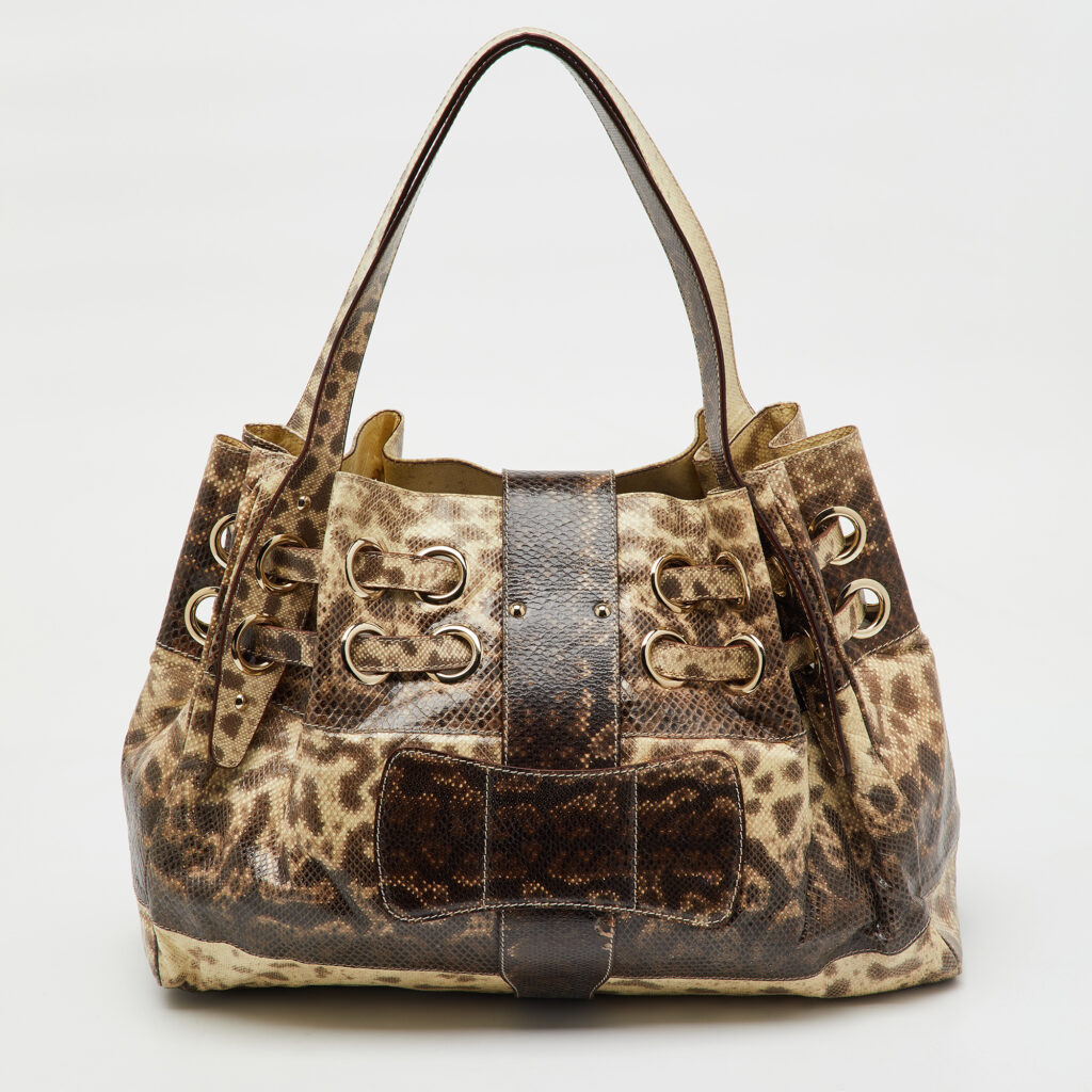 luxury-women-jimmy-choo-used-handbags-p1150817-002 Jimmy Choo Brown/Cream Water Snake Leather Ramona Shoulder Bag