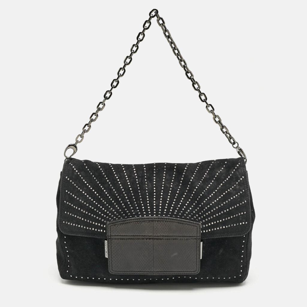 luxury-women-jimmy-choo-used-handbags-p1158624-016 Jimmy Choo Black Suede and Snakeskin Studded Carolina Chain Shoulder Bag