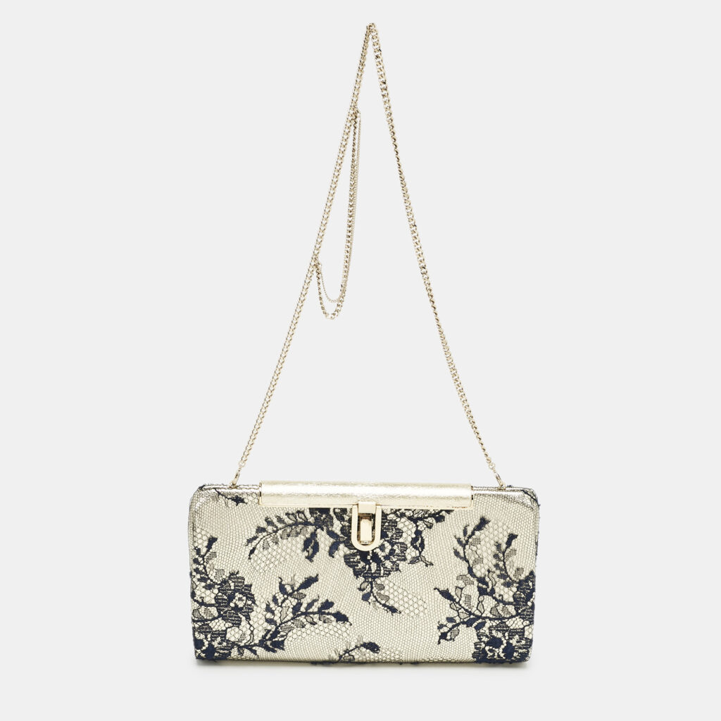 luxury-women-jimmy-choo-used-handbags-p1161571-001 Jimmy Choo Pale Gold/Navy Blue Lace Camille and Leather Chain Clutch