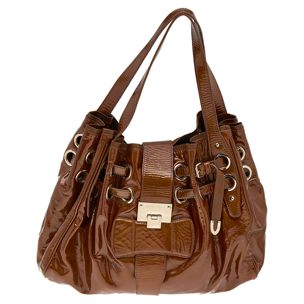 luxury-women-jimmy-choo-used-handbags-p567153-005-2 Jimmy Choo Brown Patent Leather Riki Tote