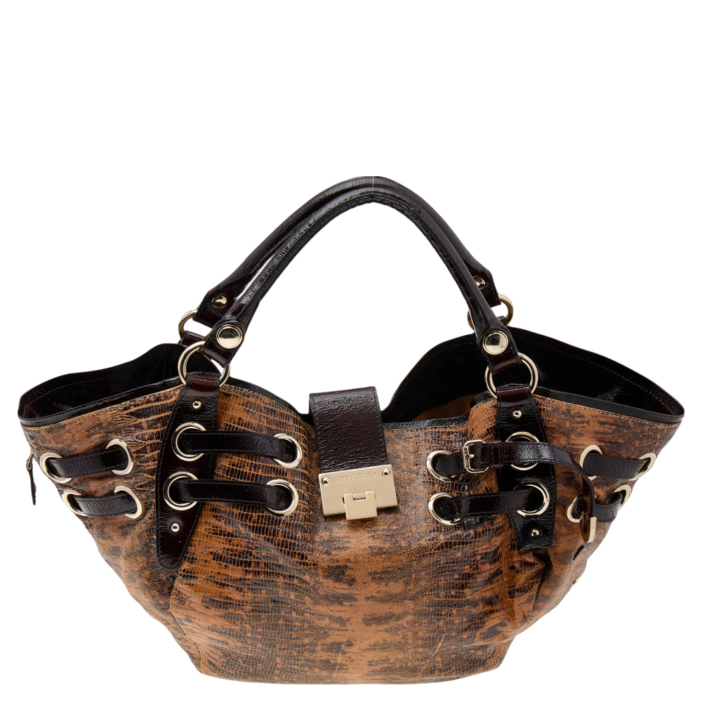 luxury-women-jimmy-choo-used-handbags-p573067-010-2 Jimmy Choo Brown Lizard Embossed and Patent Leather Hobo