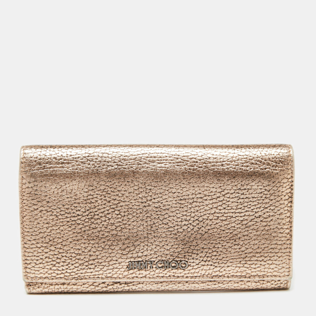 luxury-women-jimmy-choo-used-handbags-p643555-001-2 Jimmy Choo Metallic Rose Gold Leather Flap Continental Wallet